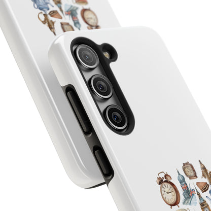 London-Themed Tough Phone Case | Vintage Clock & Tea Design