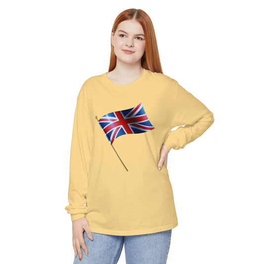 Unisex Garment-dyed Long Sleeve T-Shirt - Classic UK Flag Design - Union Jack Symbol