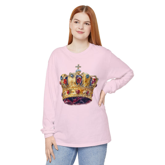 Unisex Garment-dyed Long Sleeve T-Shirt - British Royal Crown Design - Iconic Symbol of Monarchy