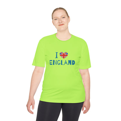 Unisex Moisture Wicking Tee - I Love England - Union Jack Heart Design