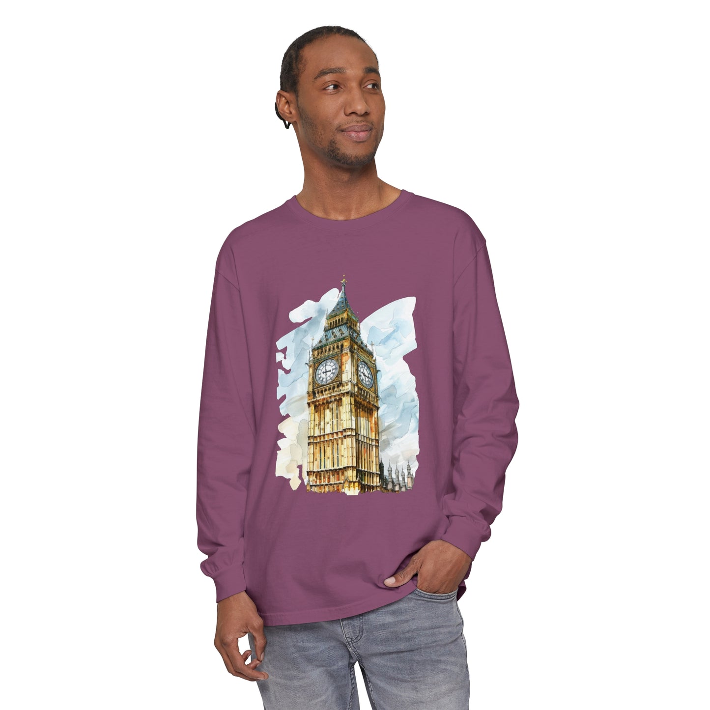 Unisex Garment-dyed Long Sleeve T-Shirt - London Clock Tower - Iconic Big Ben and Timeless Architecture