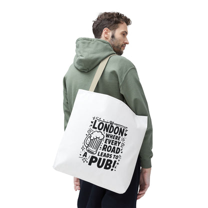 London Pub Tote Bag, Fun Travel Accessory, Gift for Beer Lovers, White Canvas Shopper, Festival, Day Out Bag