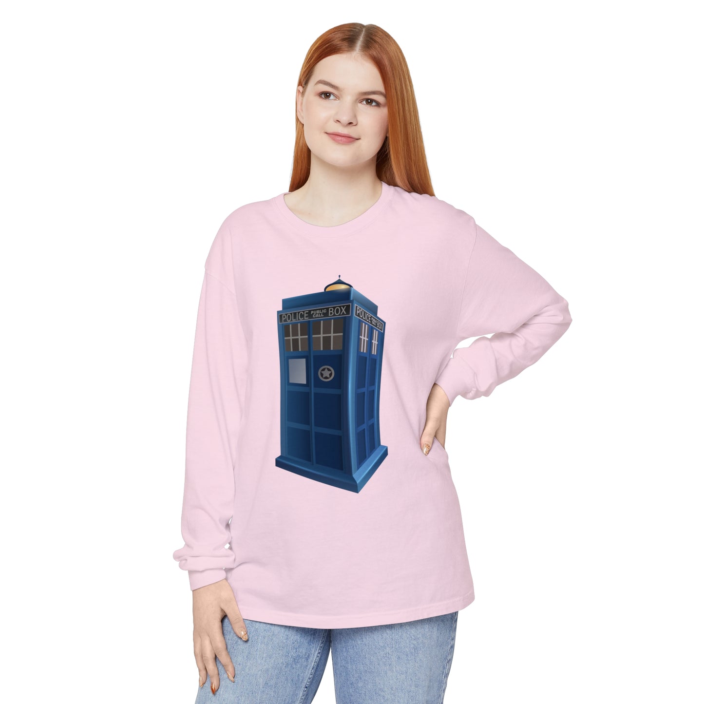 Unisex Garment-dyed Long Sleeve T-Shirt - British Police Public Call Box - Iconic TARDIS Design