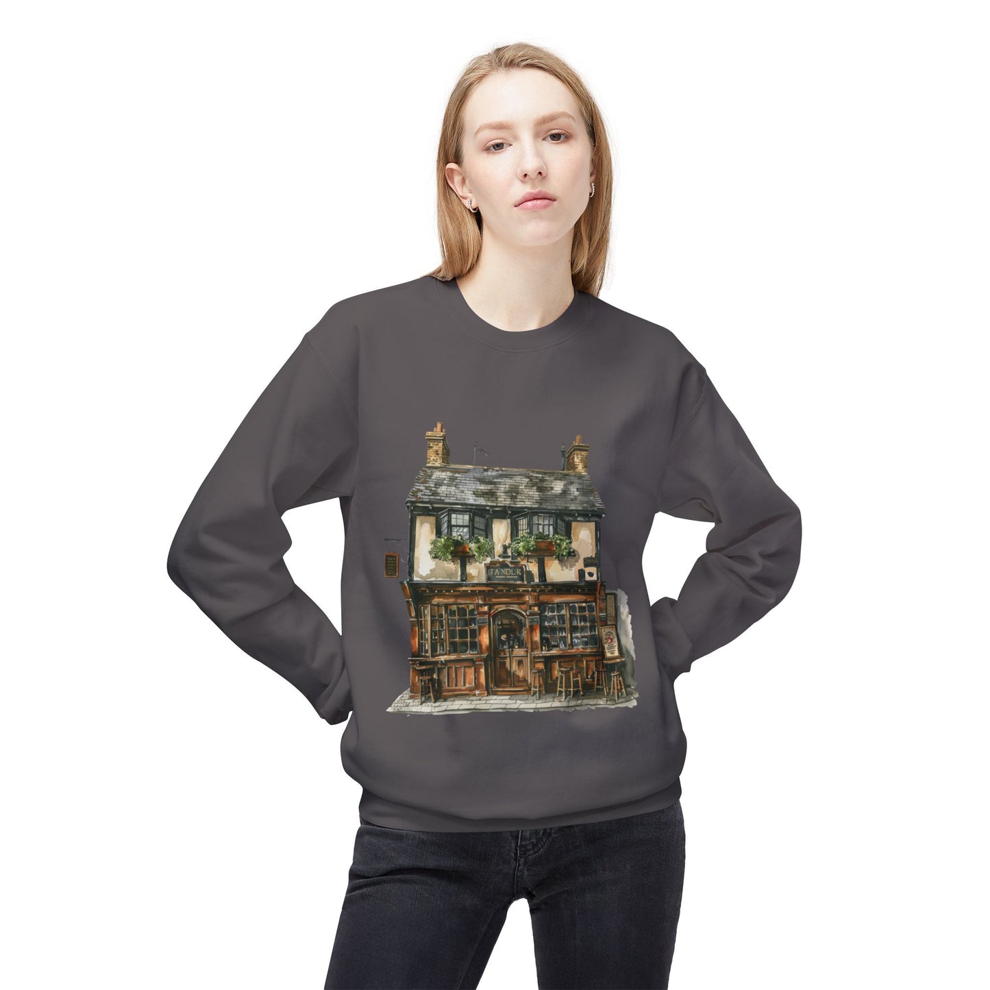 Unisex Midweight Softstyle Fleece Crewneck Sweatshirt -Countryside Charm - The Classic British Village House