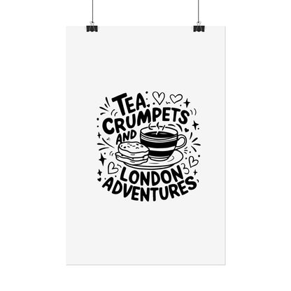 London Adventure Tea Crumpet Rolled Poster, Cute Wall Art, Gift for Tea Lovers, Home Decor, Travel Enthusiasts