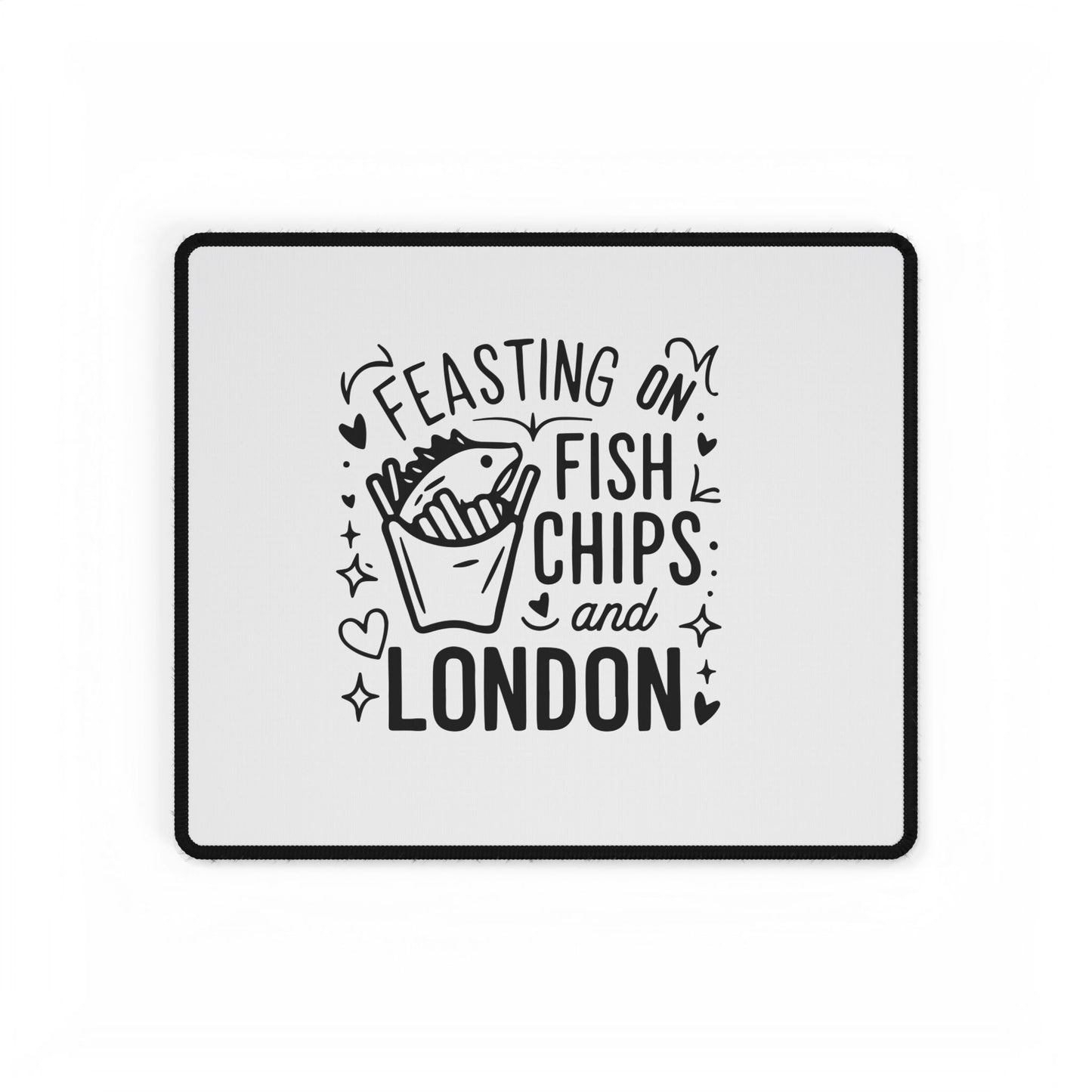 London-Themed Desk Mat - 'Feasting on Fish, Chips, and London' - Fun Office Decor, Gift for Food Lovers, Computer Accessories