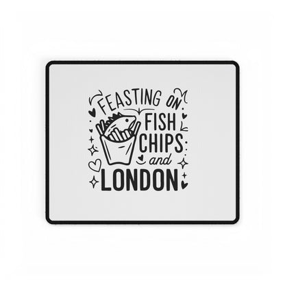 London-Themed Desk Mat - 'Feasting on Fish, Chips, and London' - Fun Office Decor, Gift for Food Lovers, Computer Accessories