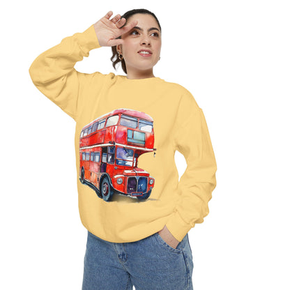 Unisex Garment-Dyed Sweatshirt - Timeless Transit - The Iconic Red Bus of Britain