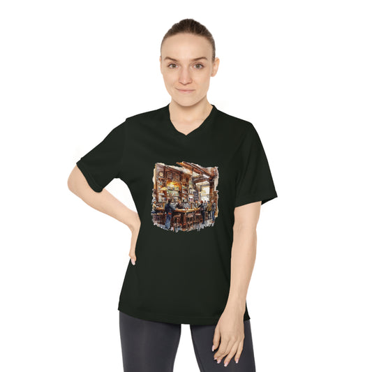 Women's V-Neck Performance T-Shirt - Vintage Watercolor Pub Scene Art Print