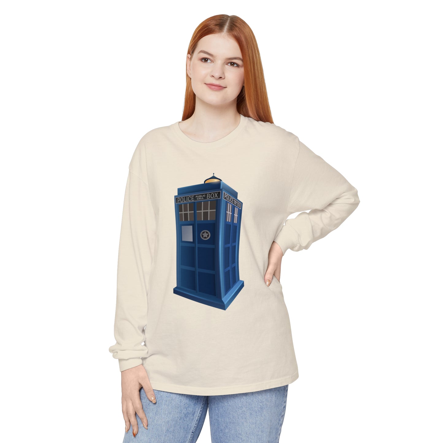 Unisex Garment-dyed Long Sleeve T-Shirt - British Police Public Call Box - Iconic TARDIS Design
