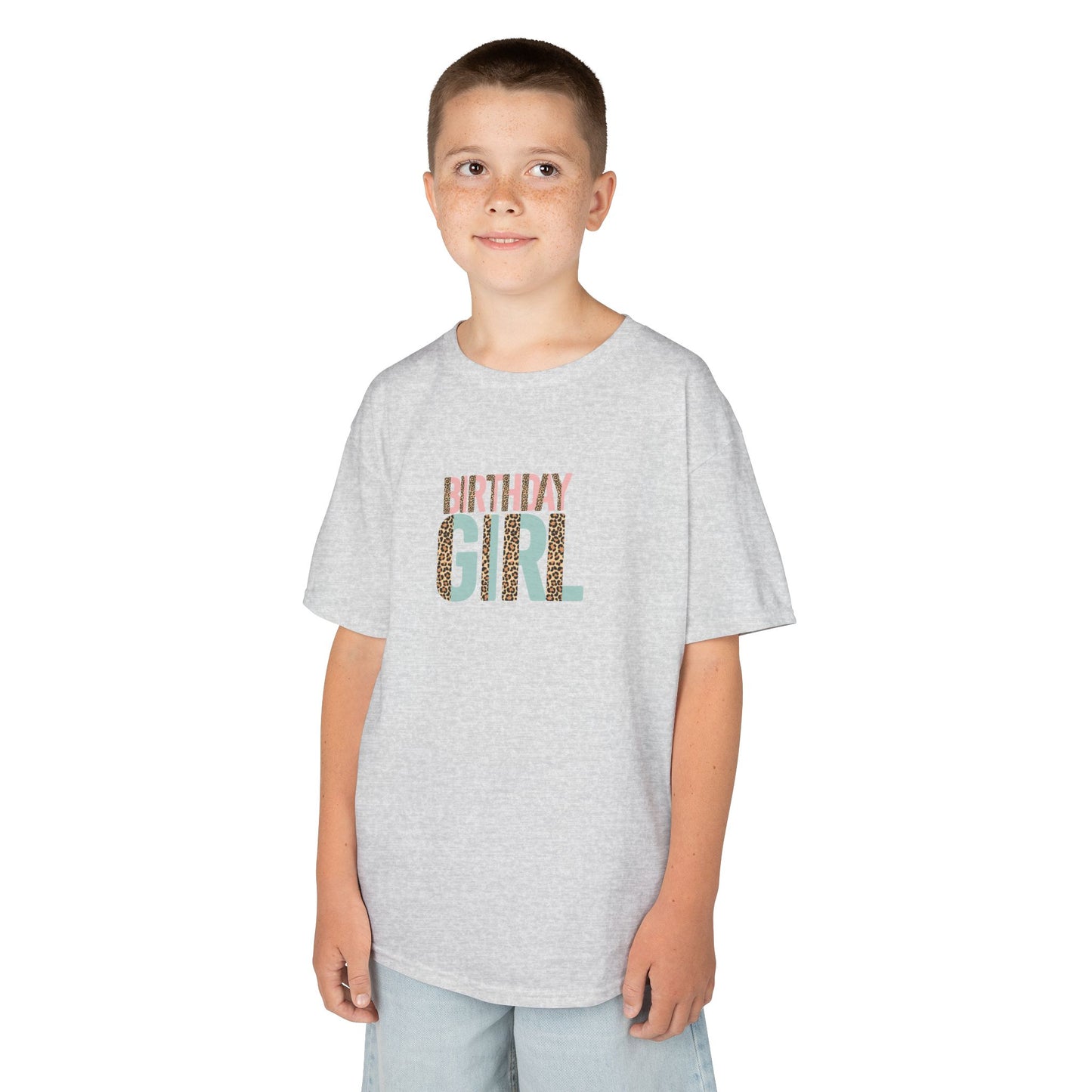 Kids Heavy Cotton Tee - Wild Leopard Print Birthday Girl PNG Design - Cute Celebration T-Shirt