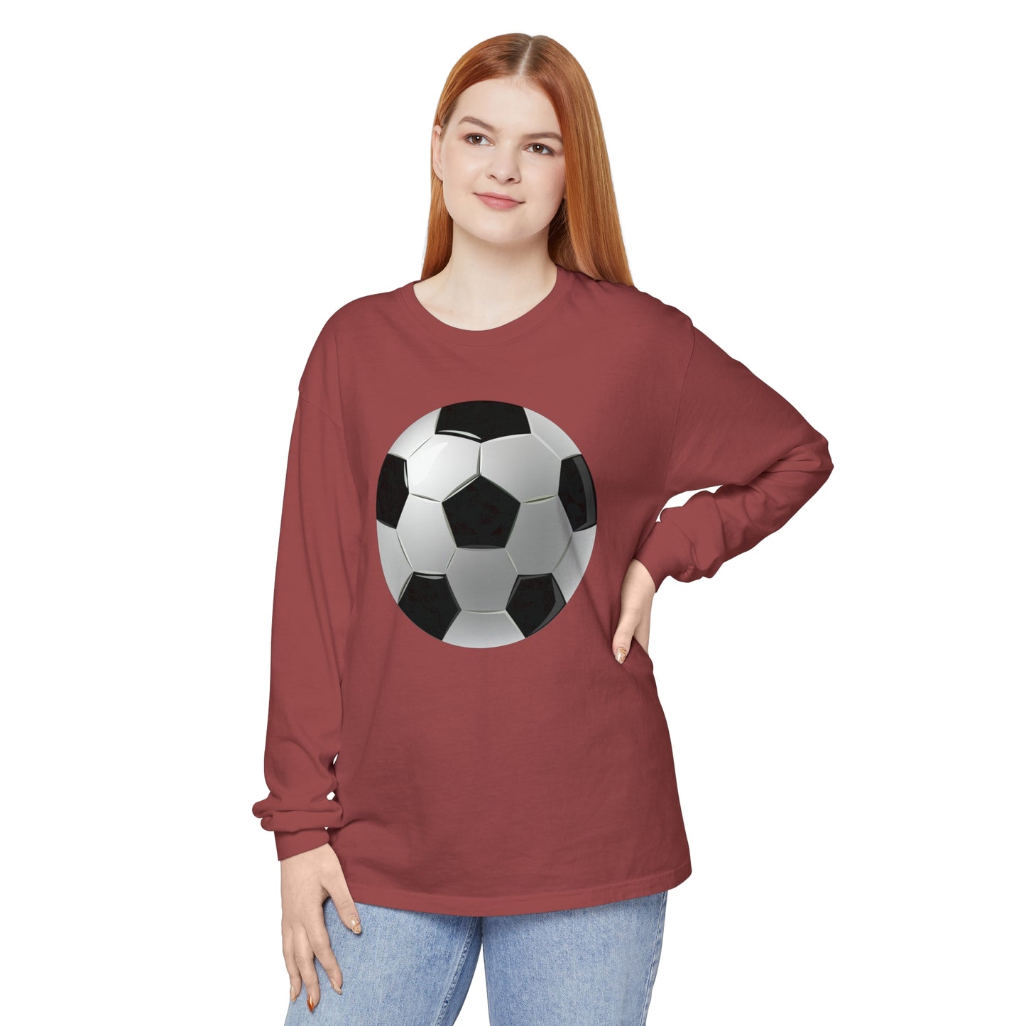 Unisex Garment-dyed Long Sleeve T-Shirt - Dynamic Football Design - Sports Passion and Energy