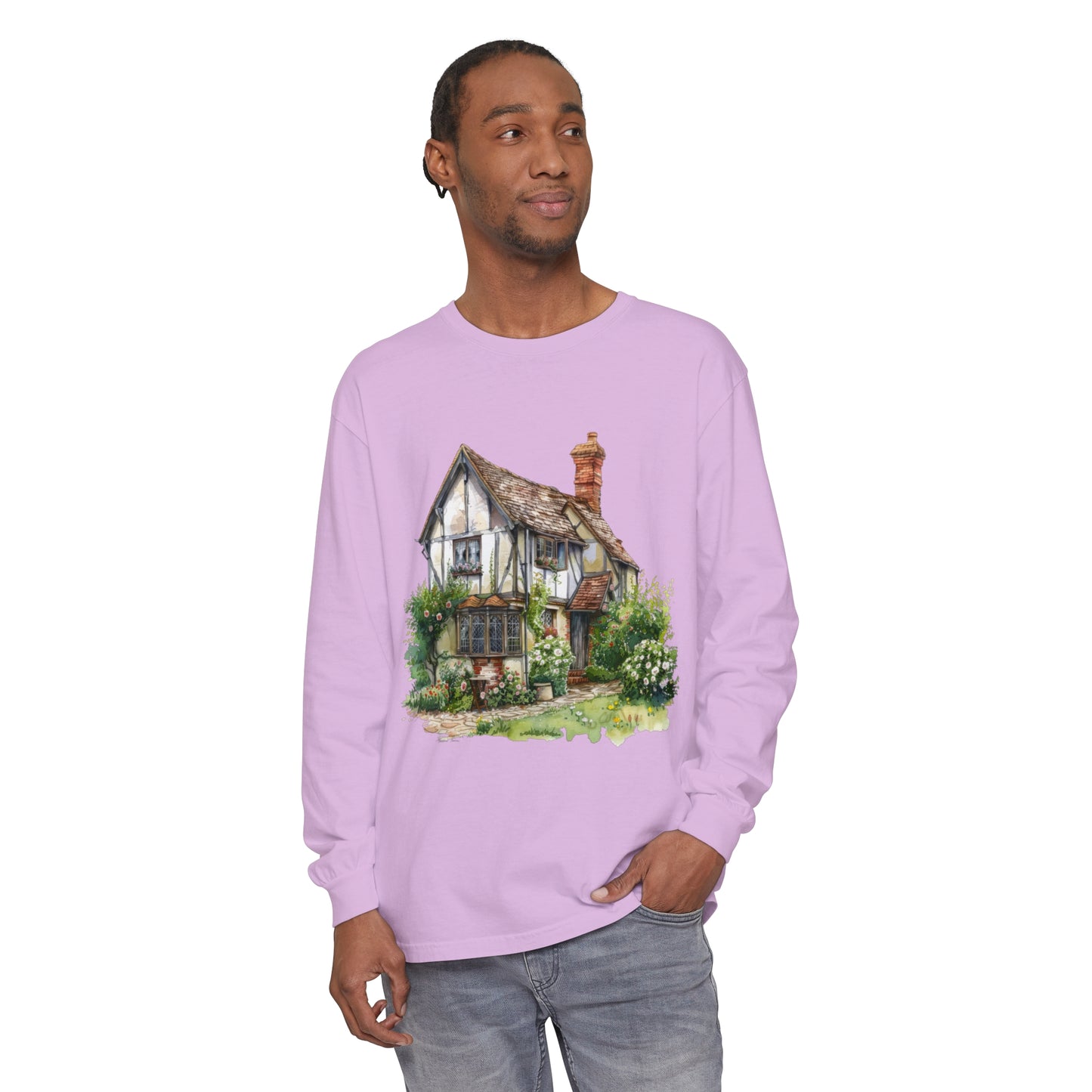 Unisex Garment-dyed Long Sleeve T-Shirt - Charming British House - Classic Design and Warmth