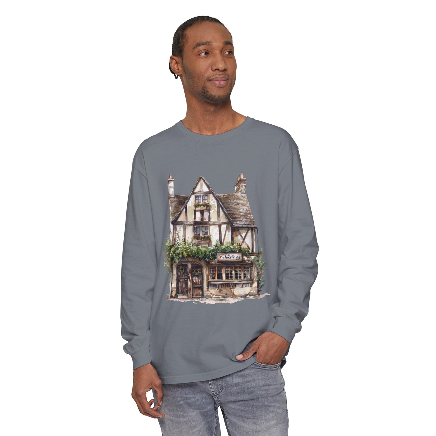 Unisex Garment-dyed Long Sleeve T-Shirt - Charming British House - Classic Design and Warmth