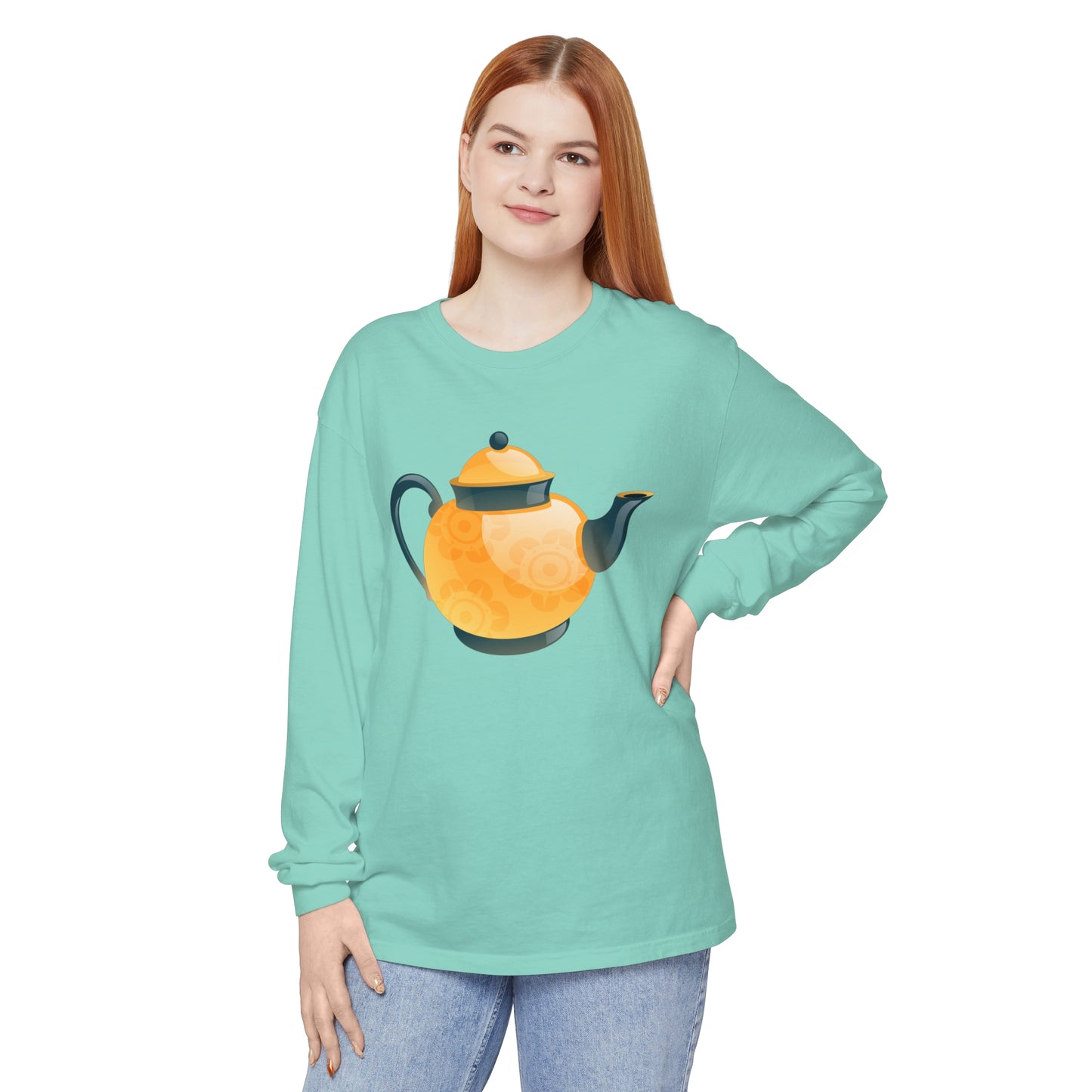 Unisex Garment-dyed Long Sleeve T-Shirt - Classic British Tea Kettle - Timeless Elegance in Tea Time