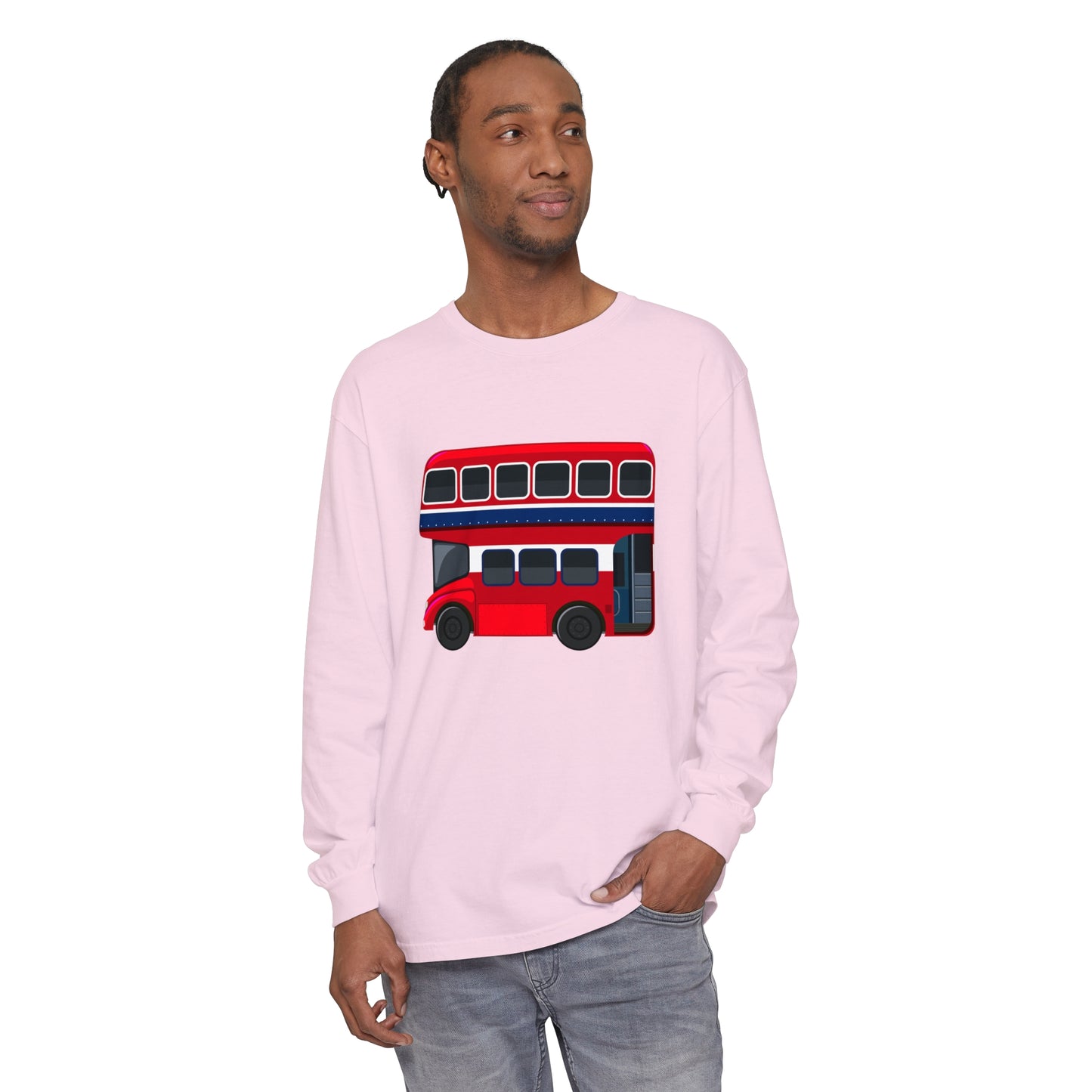 Unisex Garment-dyed Long Sleeve T-Shirt -  London Transport English Bus - Iconic Red Double-Decker
