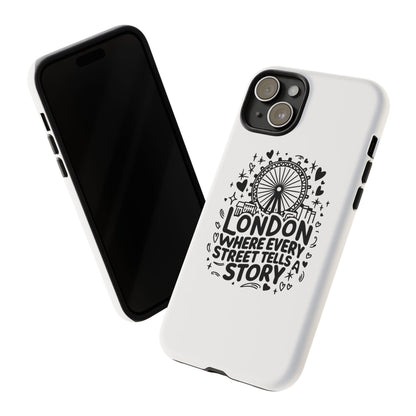 London Story Phone Case, Tough iPhone Cover, Gift for Travelers, London Souvenir, Black Typography Design