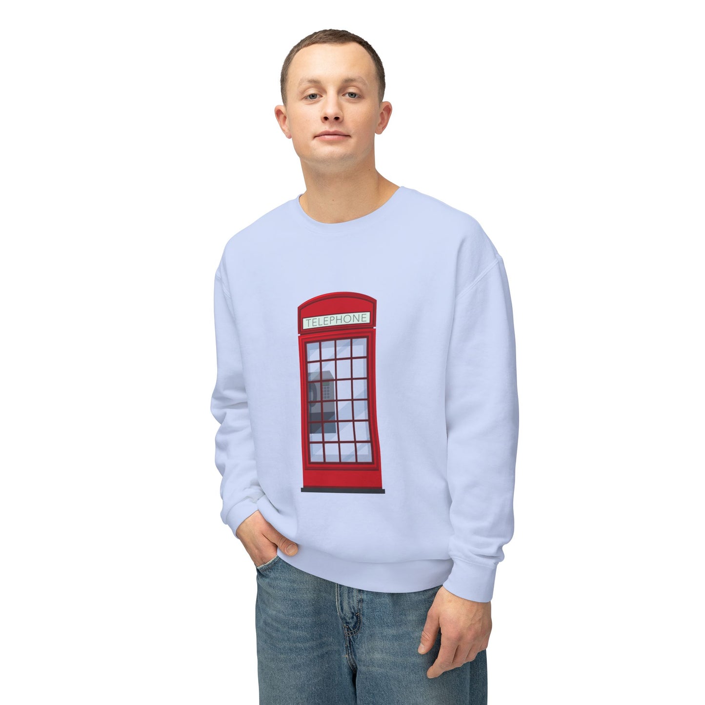 Unisex Lightweight Crewneck Sweatshirt - Iconic British Public Telephone - Classic Red Phone Box