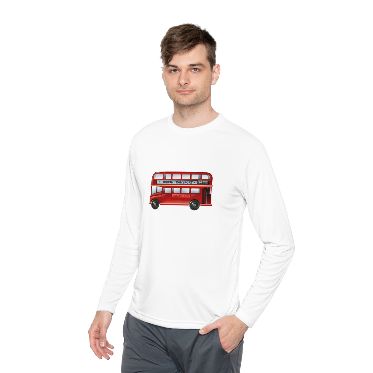 Unisex Lightweight Long Sleeve Tee - London Transport English Bus - Iconic Red Double-Decker Bus