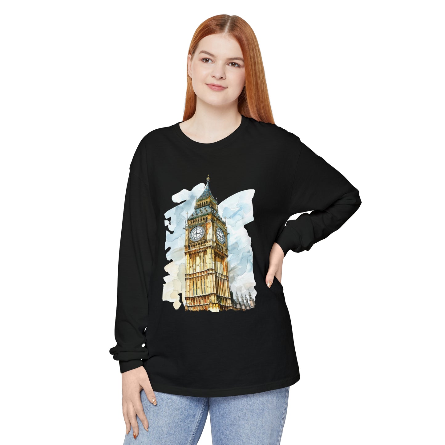 Unisex Garment-dyed Long Sleeve T-Shirt - Iconic Big Ben Clock Tower Design - London Landmark