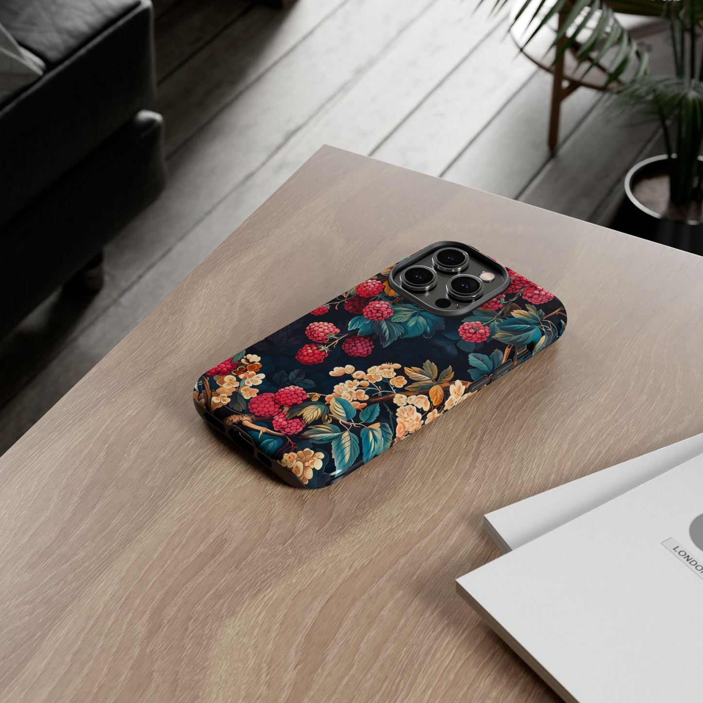 Floral Phone Case with Berry Design, Durable Phone Cover, Floral Print, Gift for Plant Lovers, Nature-Inspired Accessory