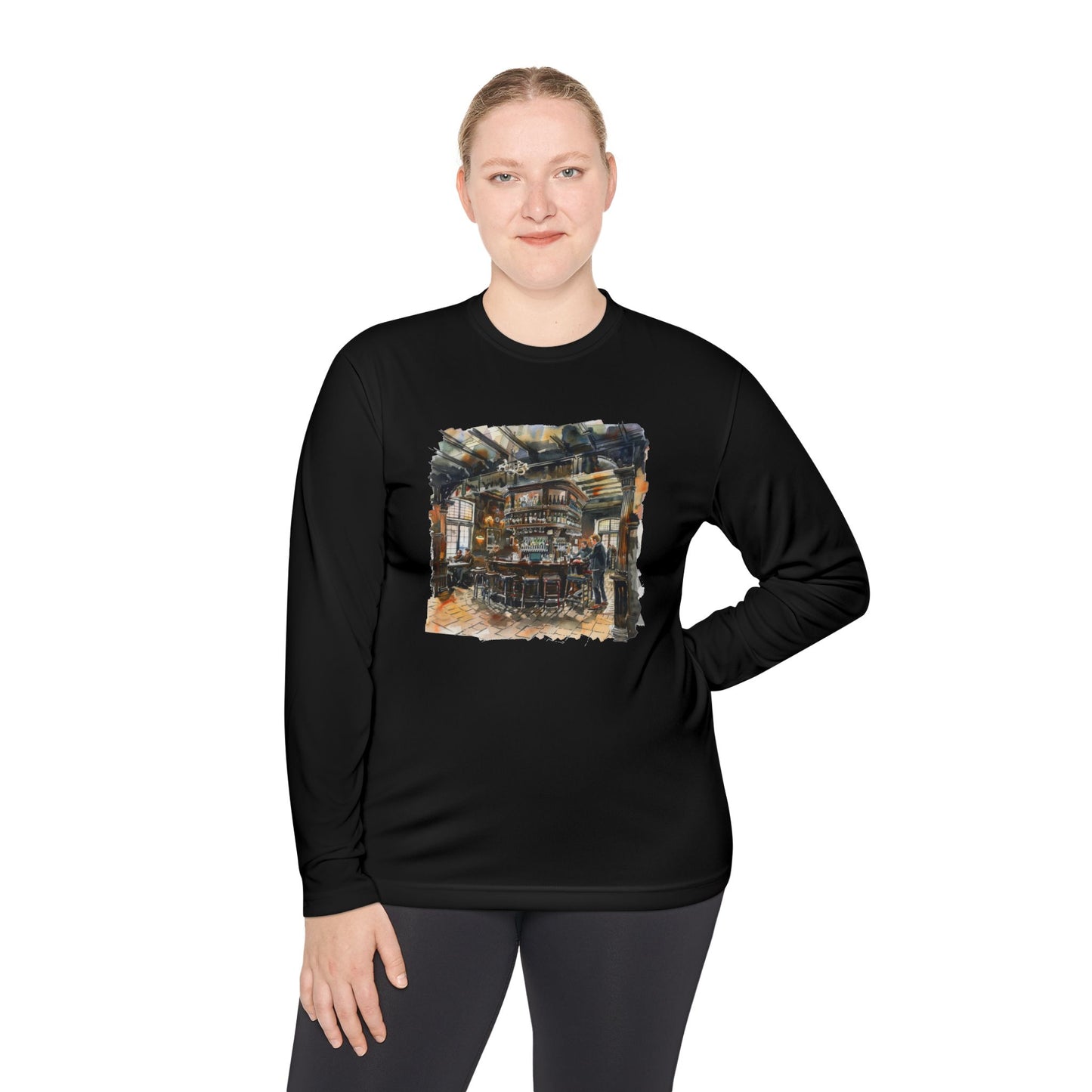 Unisex Lightweight Long Sleeve Tee - Rustic Bar Interior Watercolor Painting