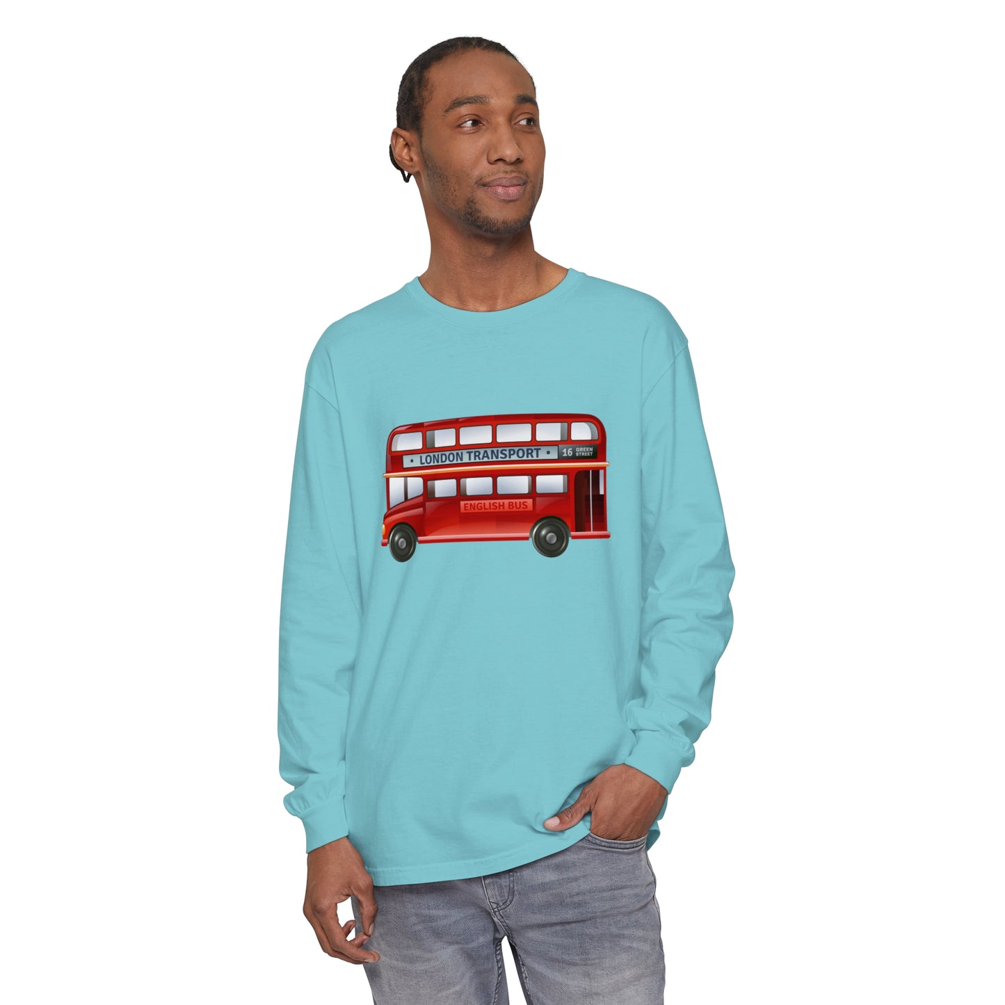 Unisex Garment-dyed Long Sleeve T-Shirt - London Transport English Bus - Iconic Red Double-Decker