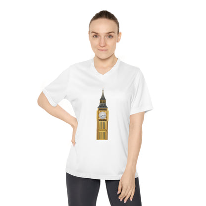 Women’s V-Neck Performance Tee  - Big Ben Tower Watercolor Art Print - Perfect for Travel & Sports