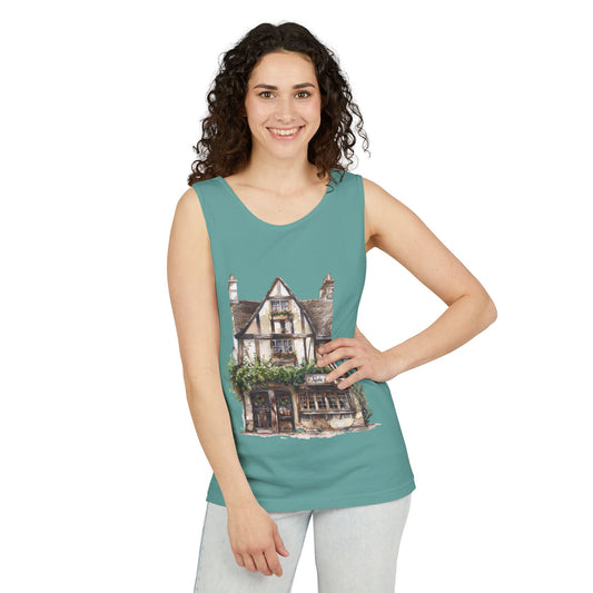 Unisex Garment-Dyed Tank Top - Rustic Vintage England House Artwork