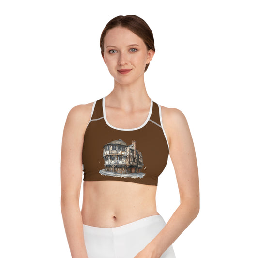 Sports Bra with Vintage Architecture Design - Cozy British Tavern Watercolor Art