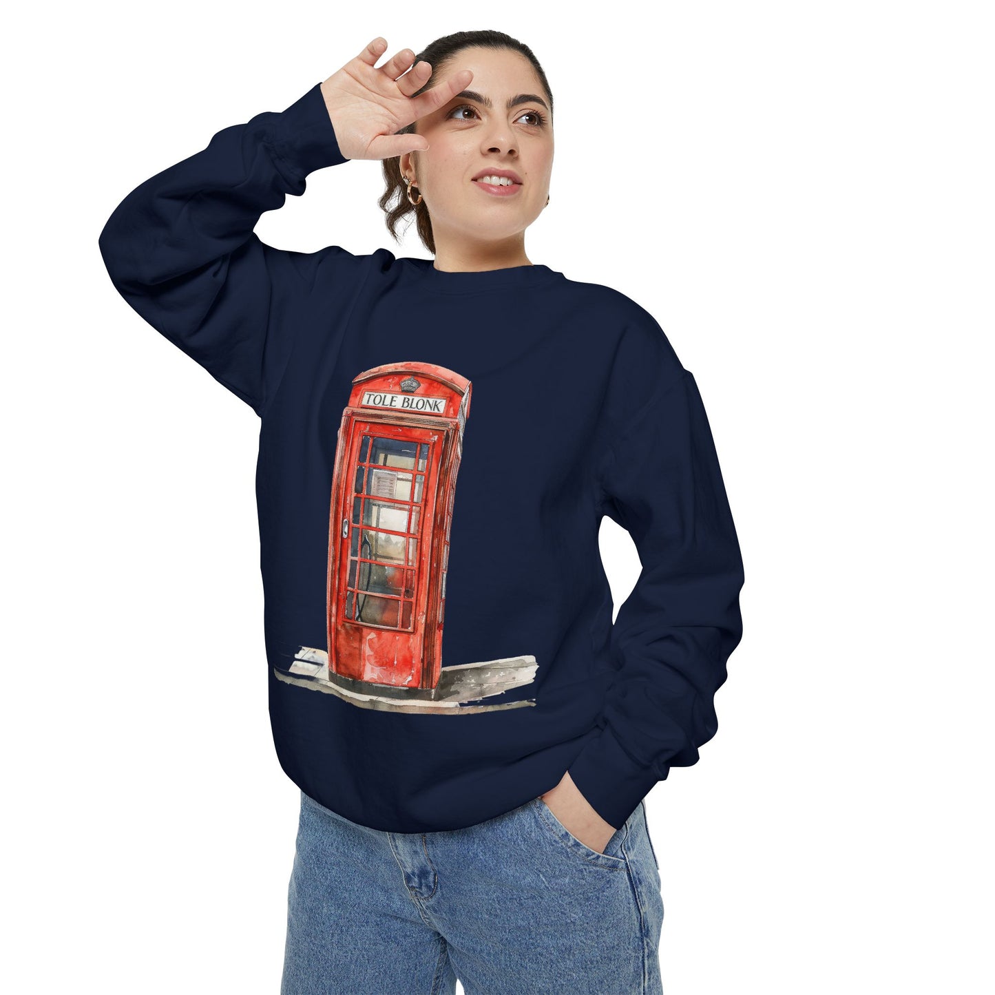 Unisex Garment-Dyed Sweatshirt - Iconic British Public Telephone - Classic Red Phone Box Design