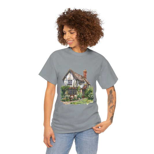 Unisex Heavy Cotton Tee - Countryside Charm - The Classic British Village House