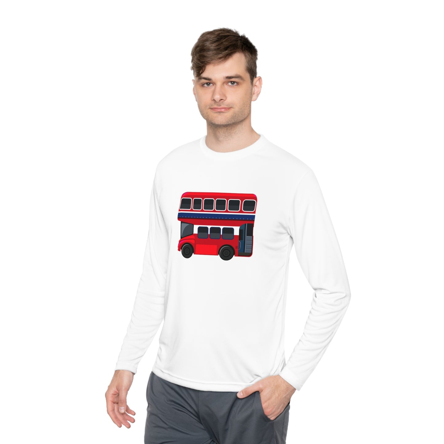 Unisex Lightweight Long Sleeve Tee - London Transport English Bus - Iconic Red Double-Decker Bus
