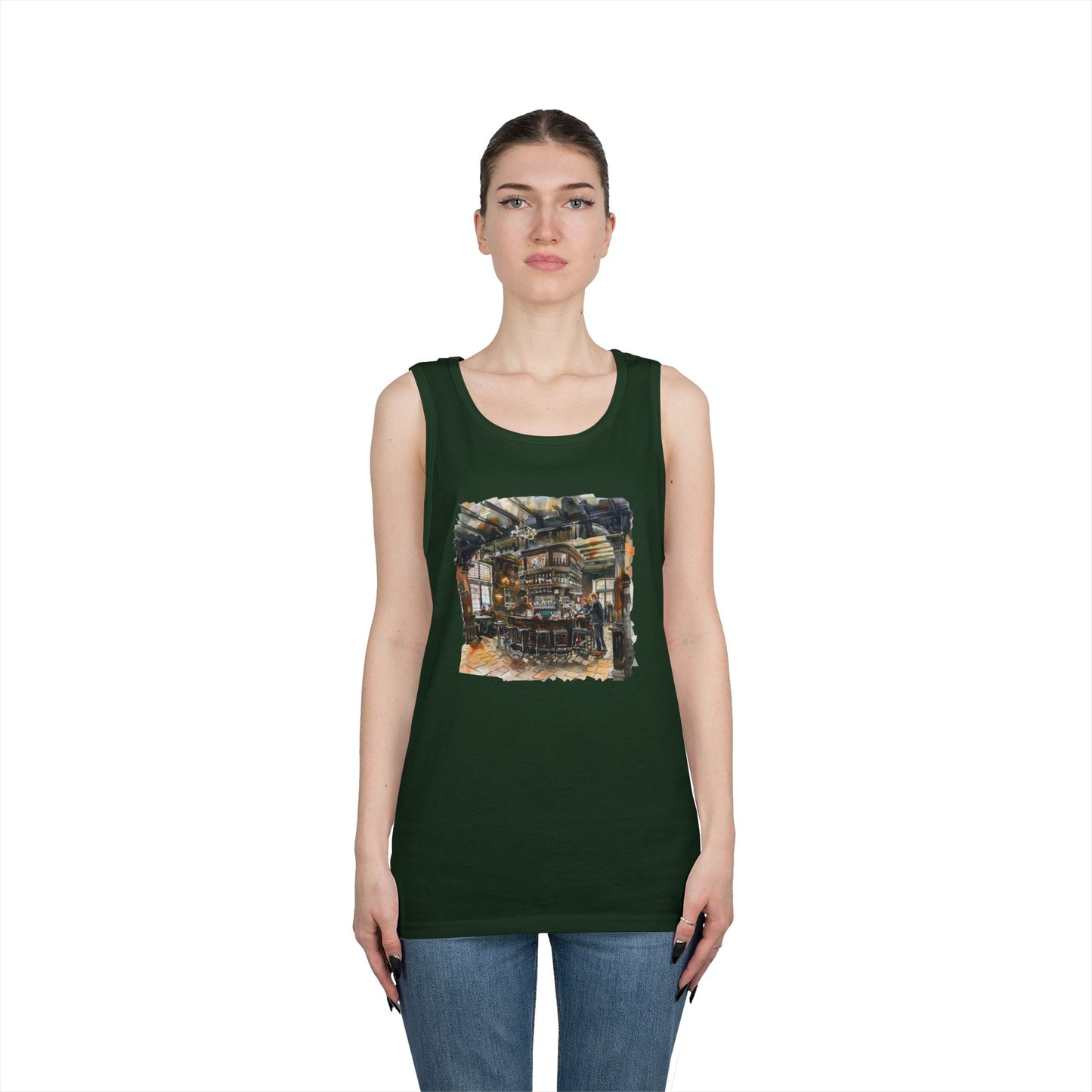 Unisex Heavy Cotton Tank Top - Rustic Bar Interior Watercolor Painting