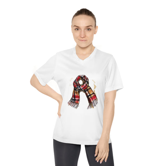 Women's Performance V-Neck T-Shirt - Perfect for Fall & Winter - Cozy Plaid Scarf - Timeless Style and Classic Elegance