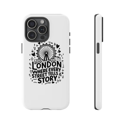London Story Phone Case, Tough iPhone Cover, Gift for Travelers, London Souvenir, Black Typography Design