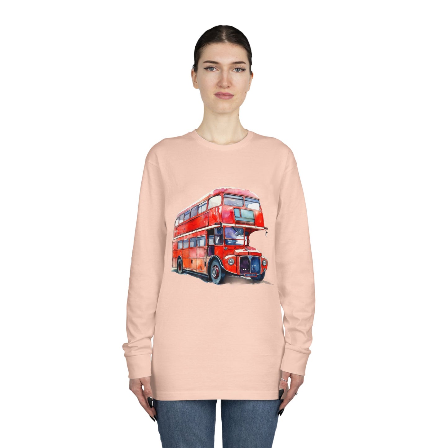 Long Sleeve Crewneck Tee - London Transport English Bus - Iconic Red Double-Decker Design