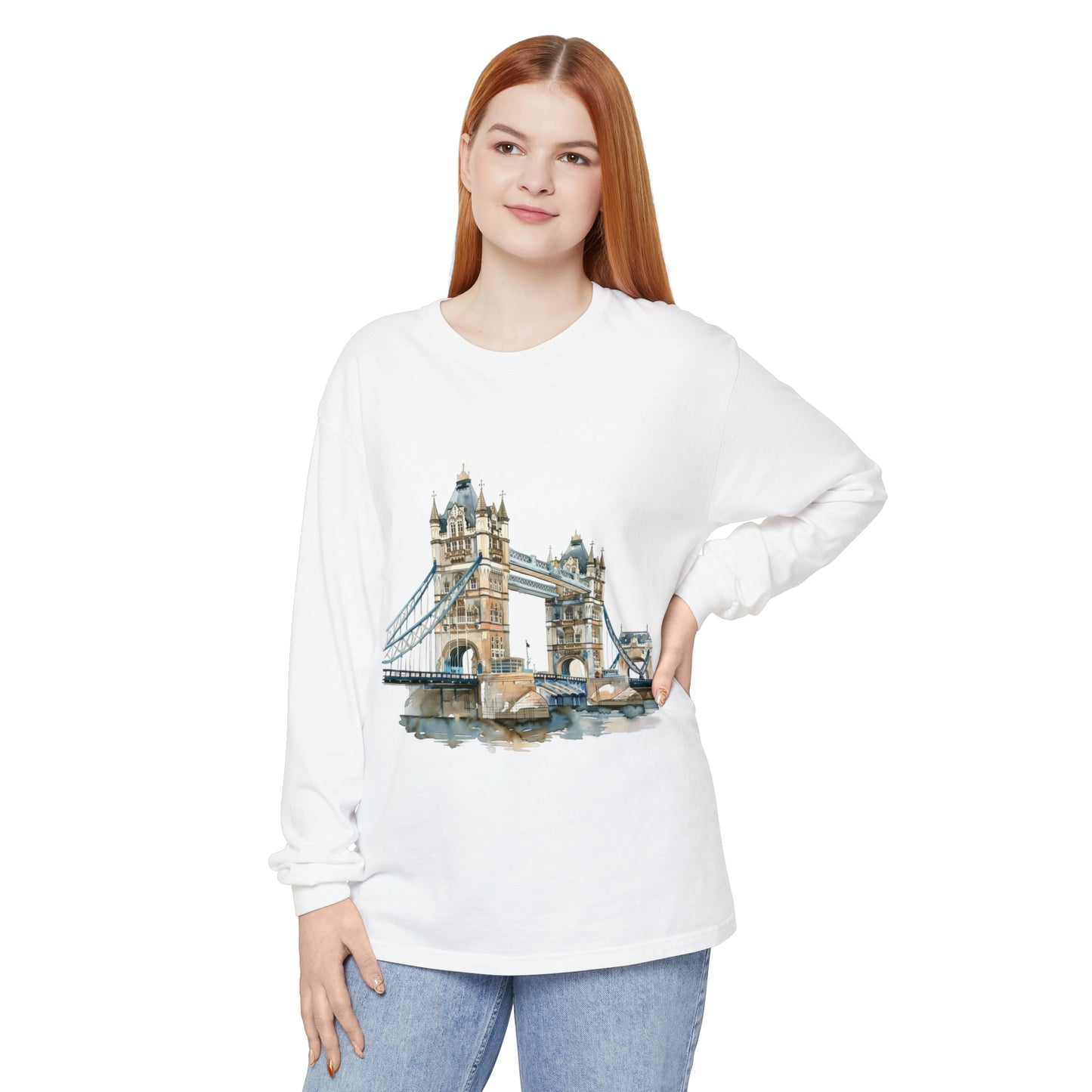 Unisex Garment-dyed Long Sleeve T-Shirt - London Bridge - Iconic Landmark and Historical Beauty