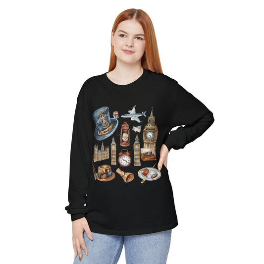 Unisex Garment-dyed Long Sleeve T-Shirt - A Collection of Iconic UK Imagery