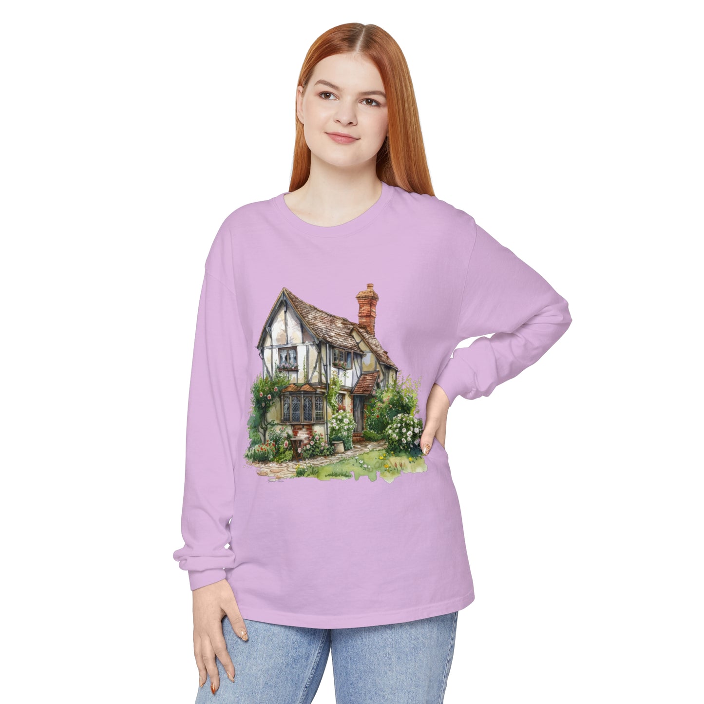 Unisex Garment-dyed Long Sleeve T-Shirt - Charming British House