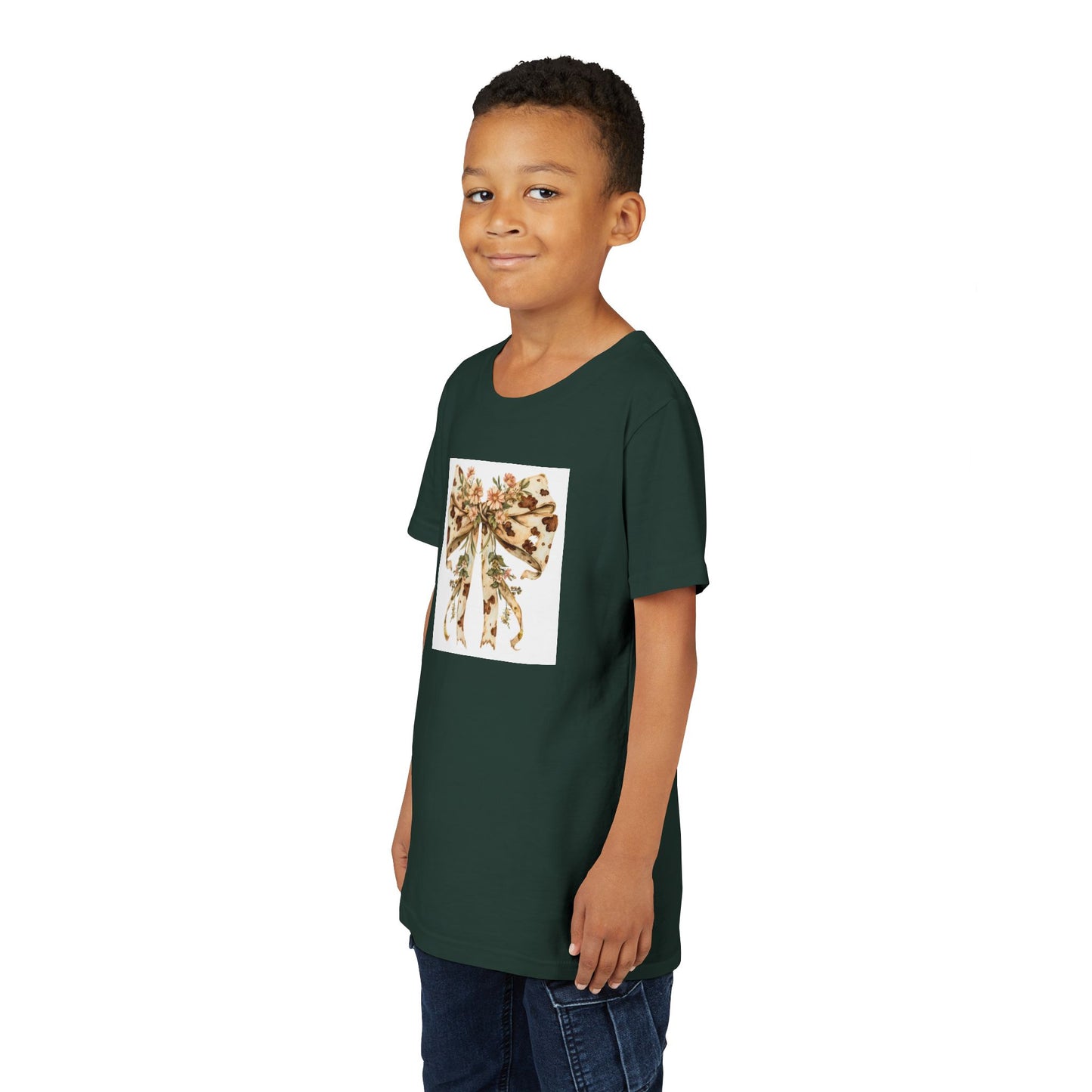 Youth Tee - Country Style Cow Print Bow with Wildflowers - Cute Kids Short Sleeve Shirt