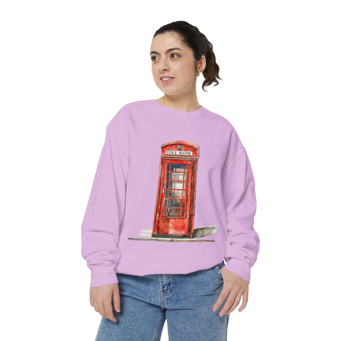 Unisex Garment-Dyed Sweatshirt - Iconic British Public Telephone - Classic Red Phone Box Design