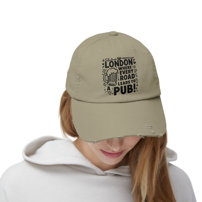 Punny London Pub Cap, Distressed Unisex Hat, Beer Lover's Gift, Casual Summer Accessory, Travel Souvenir, Fun Friends Gathering