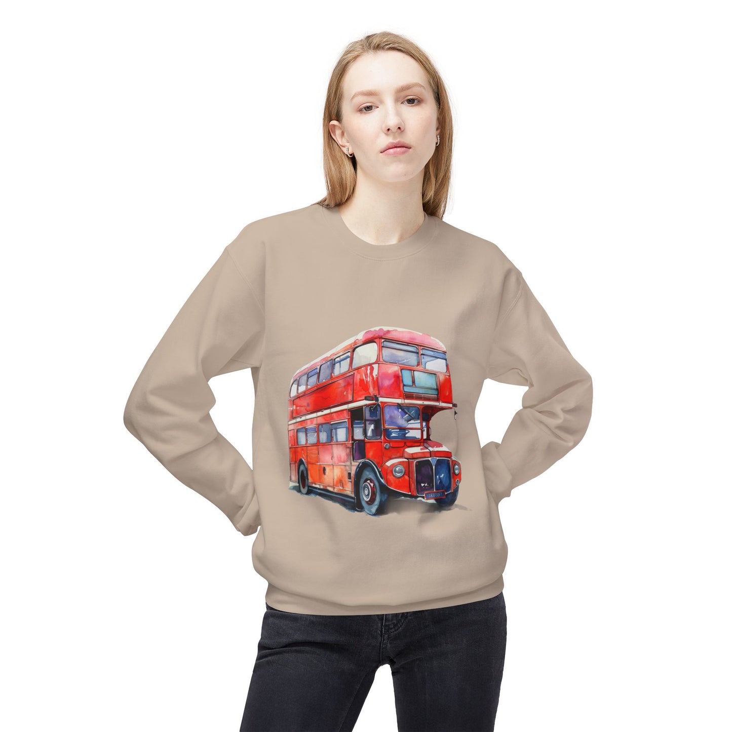 Unisex Midweight Softstyle Fleece Crewneck Sweatshirt - London Transport English Bus - Iconic Red Double-Decker Design