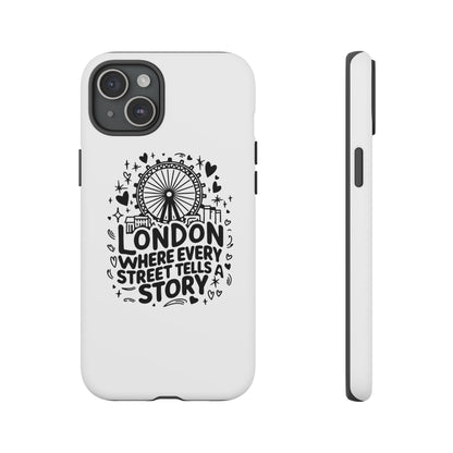 London Story Phone Case, Tough iPhone Cover, Gift for Travelers, London Souvenir, Black Typography Design