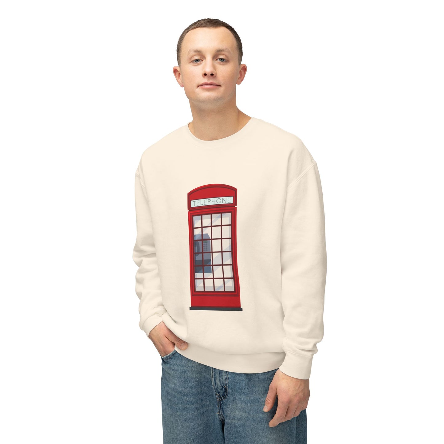Unisex Lightweight Crewneck Sweatshirt - Iconic British Public Telephone - Classic Red Phone Box