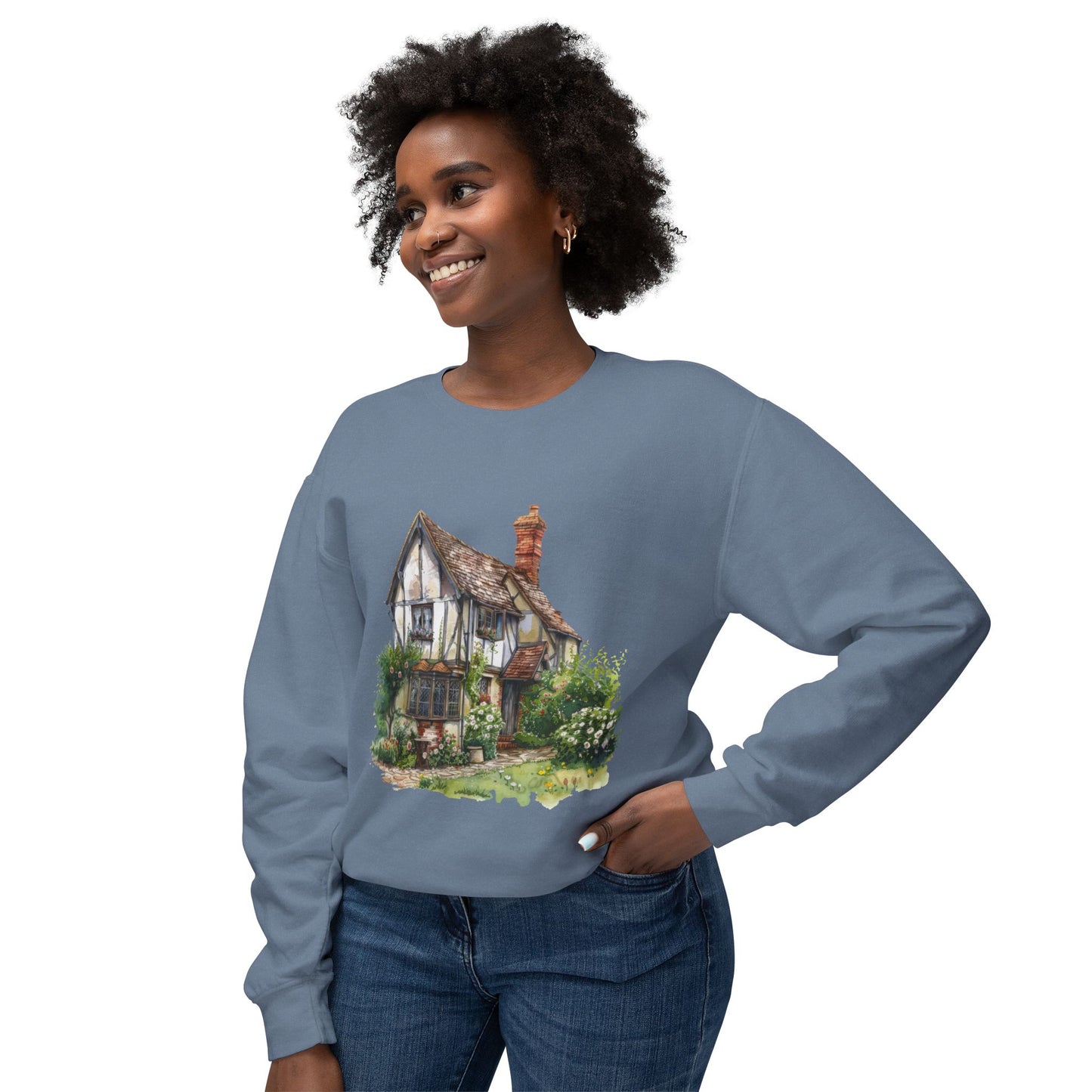 Unisex Lightweight Crewneck Sweatshirt - Charming and Cozy Life in a British Village House