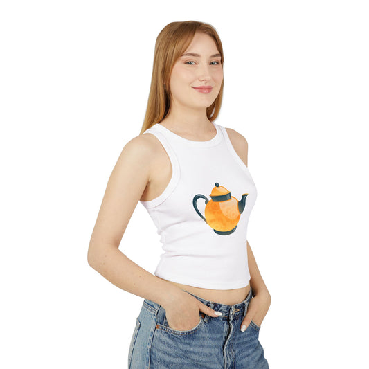 Women's Micro Rib Racer Tank Top - Classic British Tea Kettle - Timeless Elegance in Tea Time