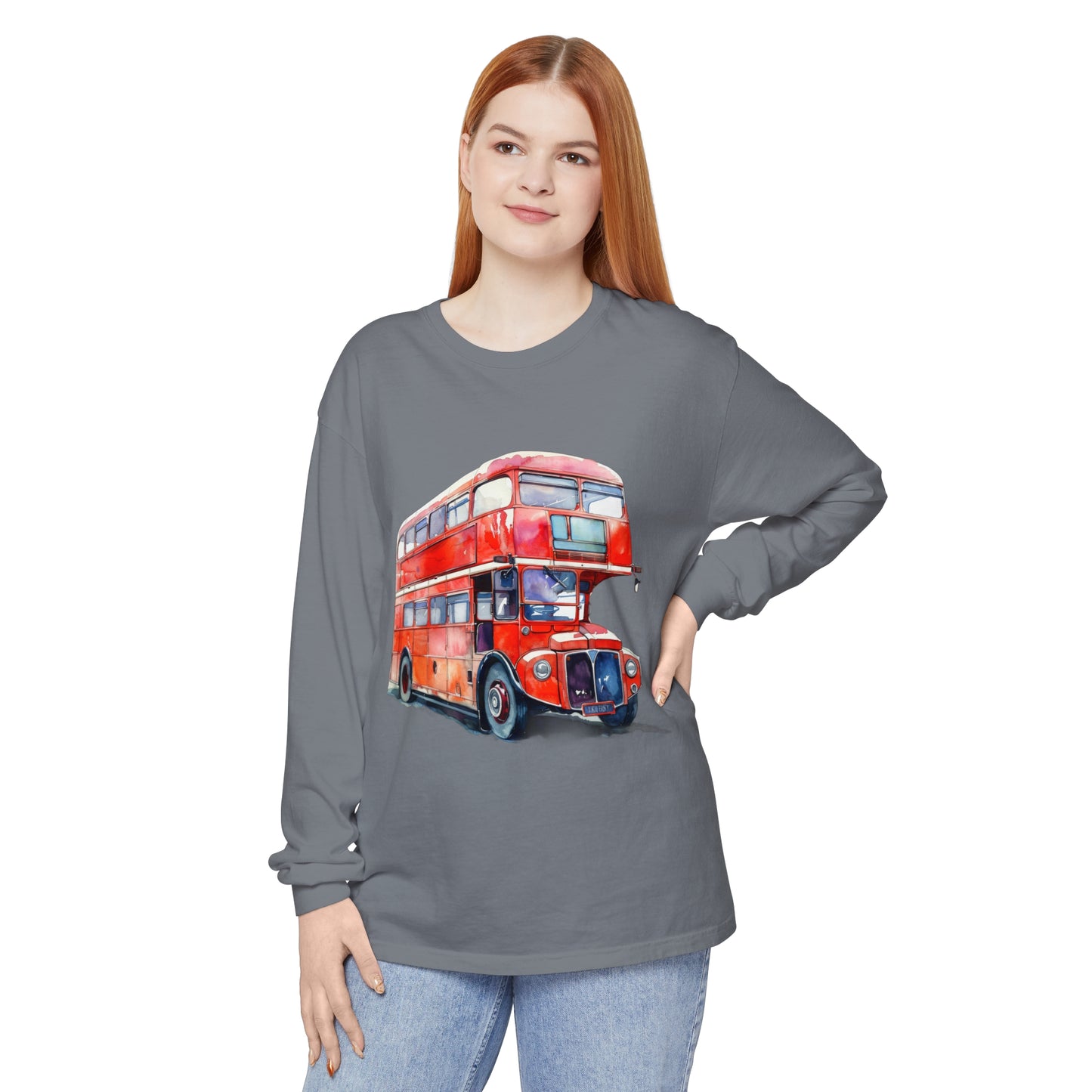 Unisex Garment-dyed Long Sleeve T-Shirt - Hop On, Hop Off - Exploring London by Bus