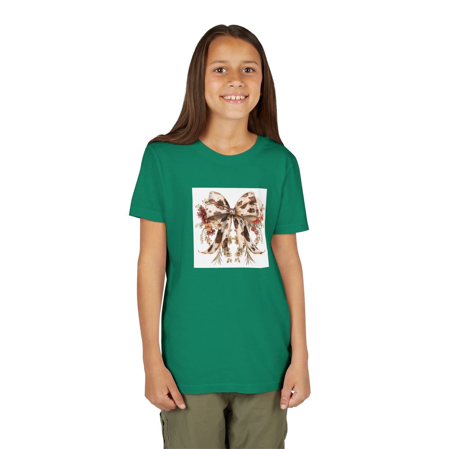 Youth Short Sleeve Tee - Western Floral Bow with Cow Pattern Aesthetic - Cute & Stylish Kids T-Shirt